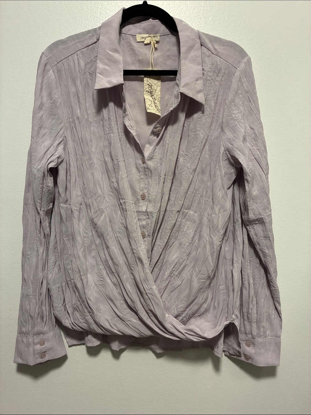 Mystree Light Dusty Lavender Draped Button-Front Crinkle Blouse